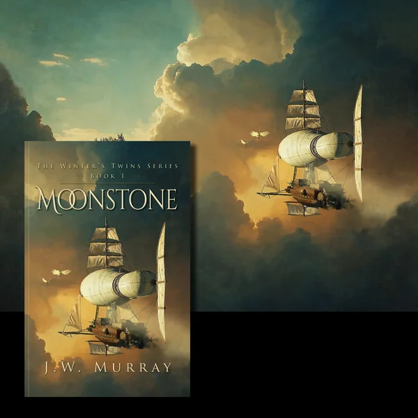 Book cover design for fantasy novel Moonstone, commissioned cover art by Max Mitenkov (vimark).